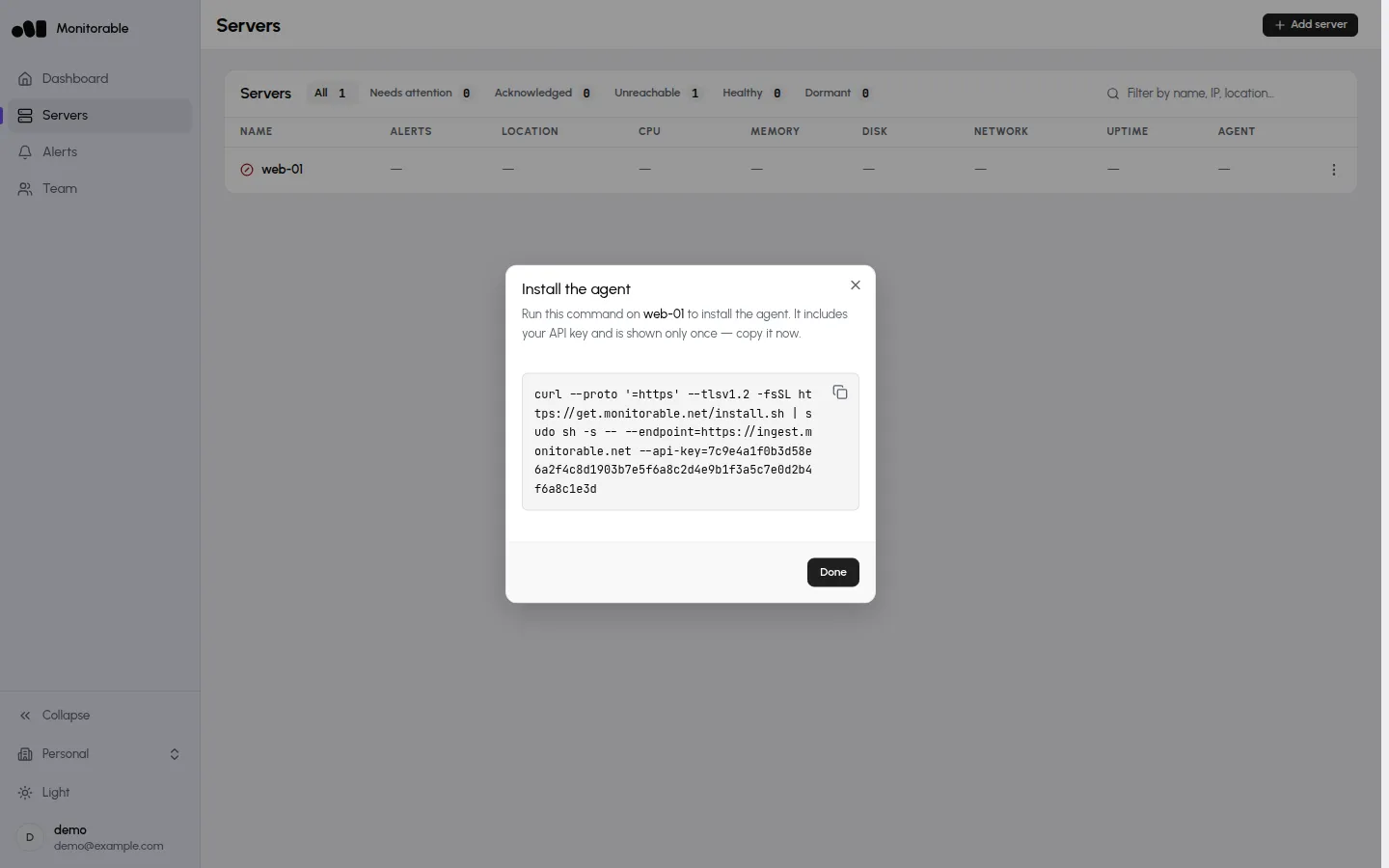 Install the agent dialog showing the one-line install command with a copy button